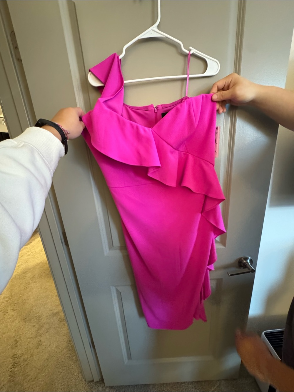 NWT Aidan Mattox One-Shoulder Ruffle Cocktail Dress in Hot Pink
